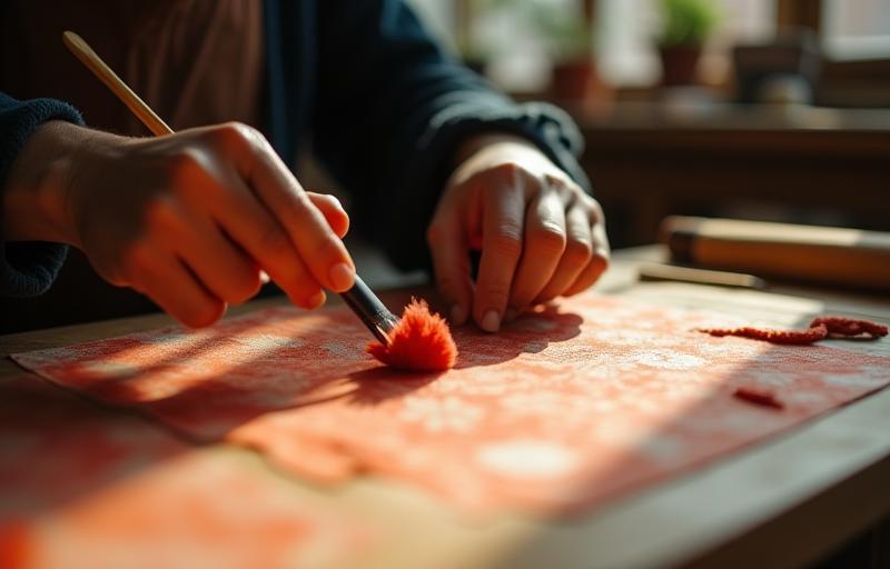 Skilled craftsman applying dye to fabric in a traditional Japanese workshop