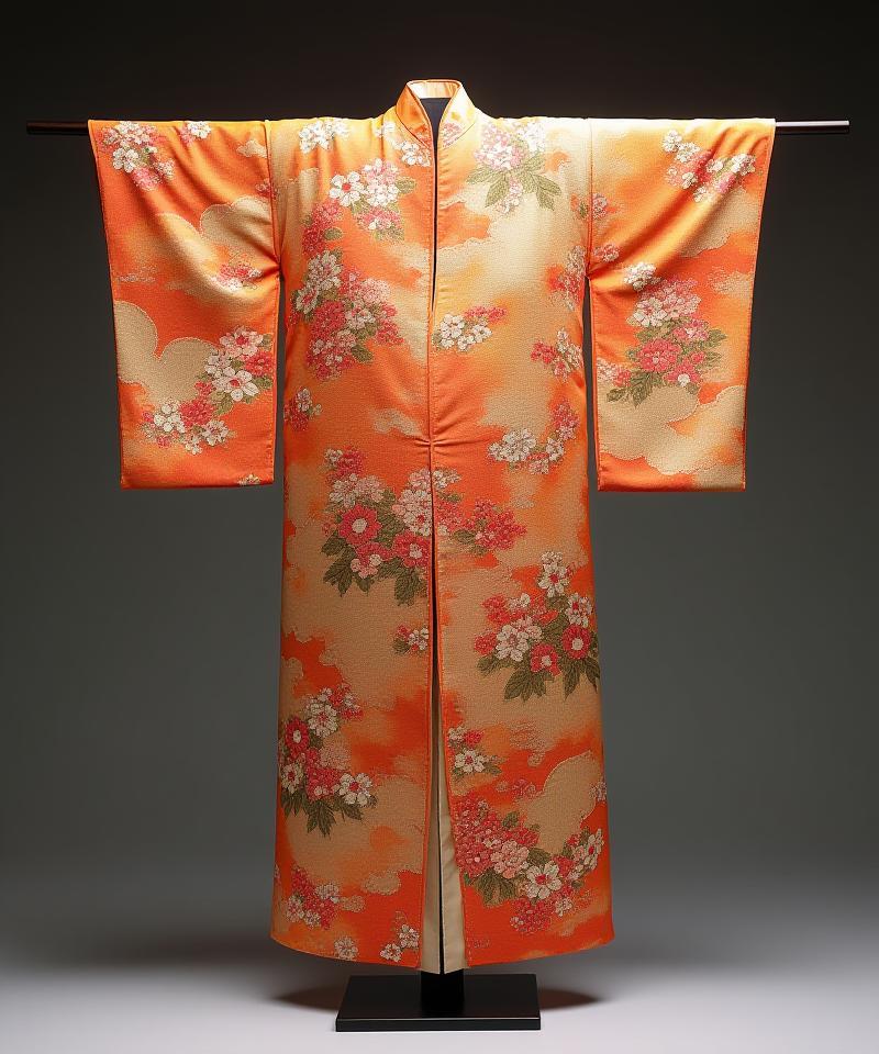 Full view of a beautiful, intricate Yuzen dyed kimono on display