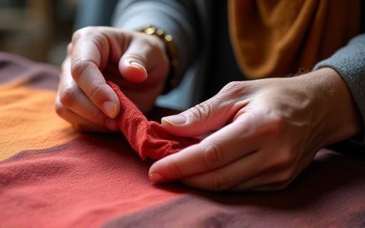 Hands inspecting a finished piece of dyed fabric