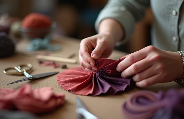 Hands crafting a dyed fabric accessory