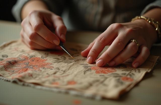 Textile expert carefully restoring vintage fabric